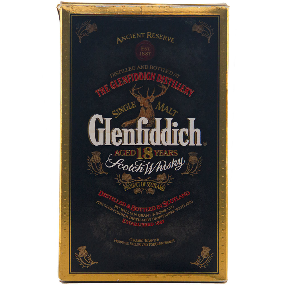 Front of a Glenfiddich 18 Year Old Ancient Reserve Single Malt Scotch Whisky box. The dark box with gold trim, stag emblem, and distillery details highlights its Scottish origin and limited edition status.