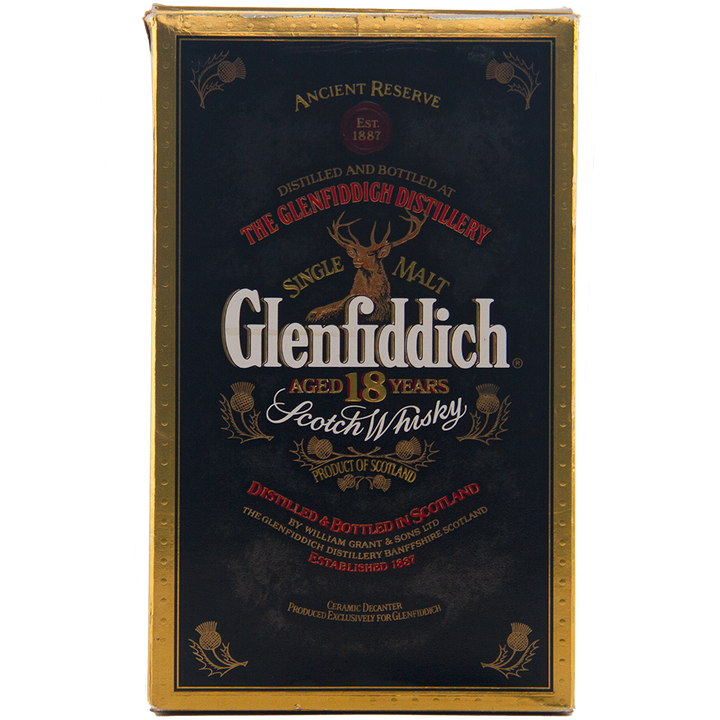 Front of a Glenfiddich 18 Year Old Ancient Reserve Single Malt Scotch Whisky box. The dark box with gold trim, stag emblem, and distillery details highlights its Scottish origin and limited edition status.