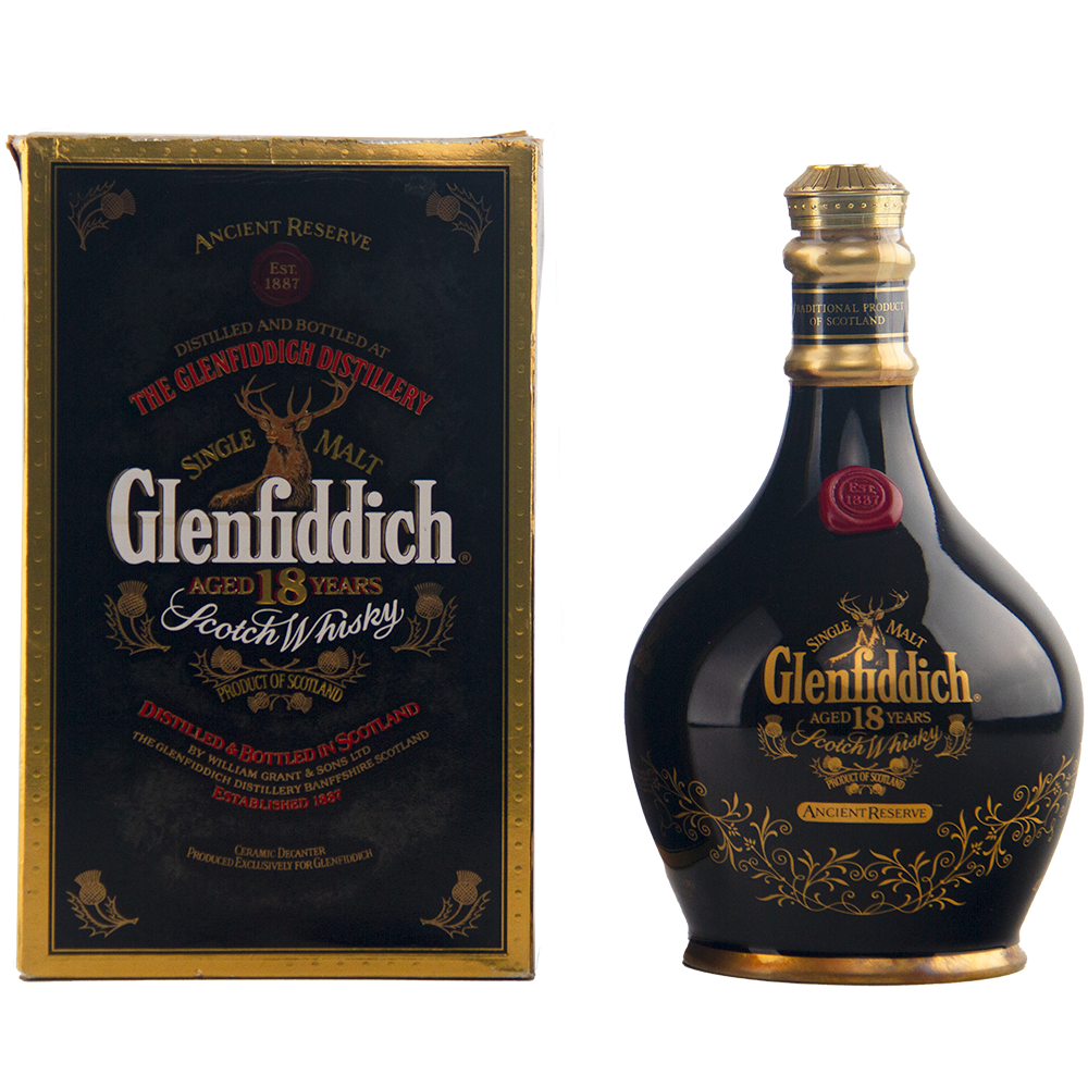 A Glenfiddich 18 Year Old Ancient Reserve Single Malt Scotch Whisky bottle and matching box, both in black with gold accents and elegant detailing. The rounded bottle shape makes it a standout piece for any collectible decanter set.