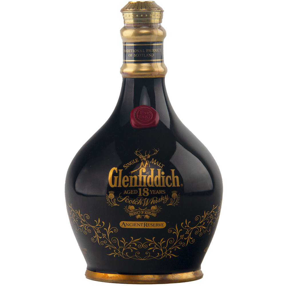 The Glenfiddich 18 Year Old Ancient Reserve Single Malt Scotch Whisky comes in a dark, ornate bottle with gold and red accents—a collectible decanter perfect for limited edition whisky enthusiasts.