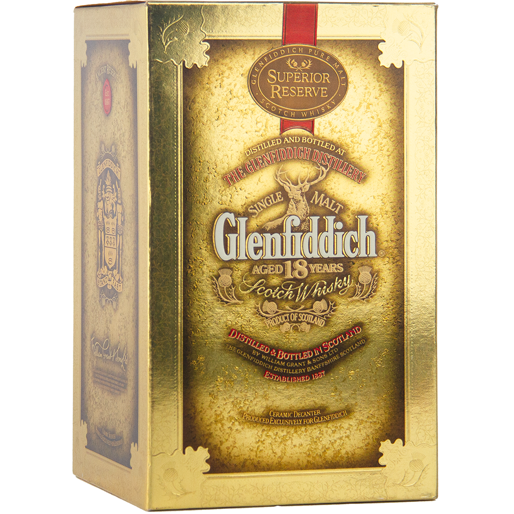 Gold and brown box of Glenfiddich 18 Year Old Superior Reserve Single Malt Scotch Whisky with ornate detailing, the Glenfiddich logo, and product information displayed on the front.