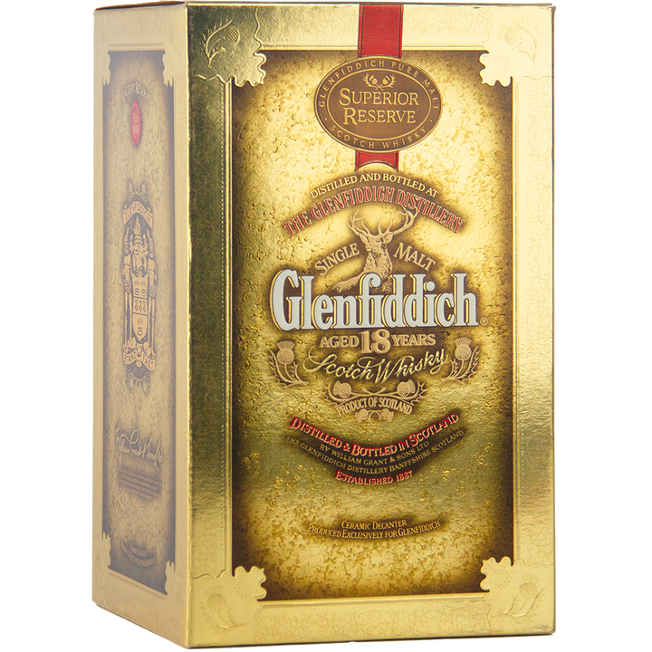 Gold and brown box of Glenfiddich 18 Year Old Superior Reserve Single Malt Scotch Whisky with ornate detailing, the Glenfiddich logo, and product information displayed on the front.