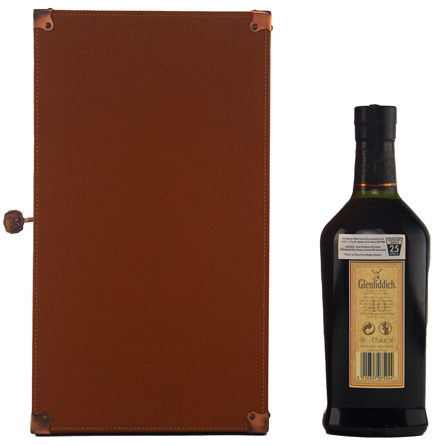 A bottle of Glenfiddich 40 Year Old Single Malt Scotch Whisky stands next to a closed brown leather case with metal corner protectors and a small clasp. The bottle’s label and cap are clearly visible.