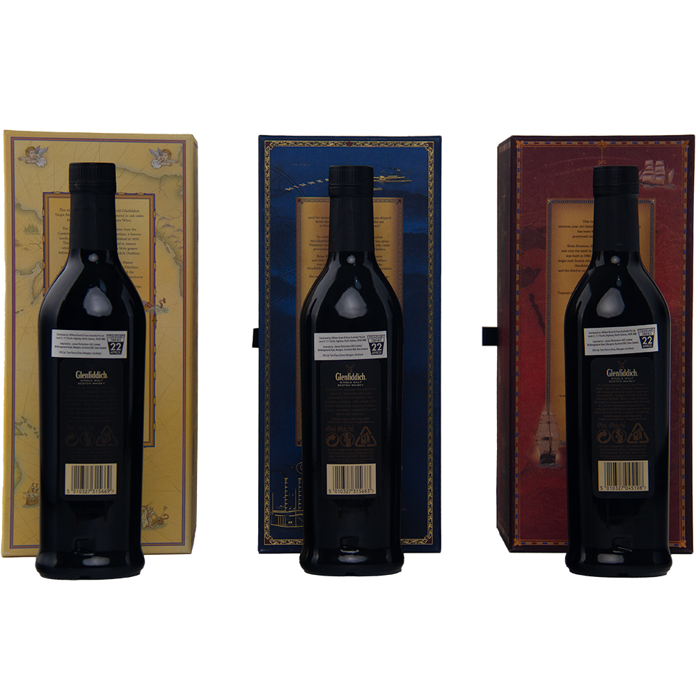 Three dark bottles from the Glenfiddich Age of Discovery Collection Single Malt Scotch Whisky are shown with decorative boxes, backs facing forward—an ideal addition to any whisky enthusiast’s collection.