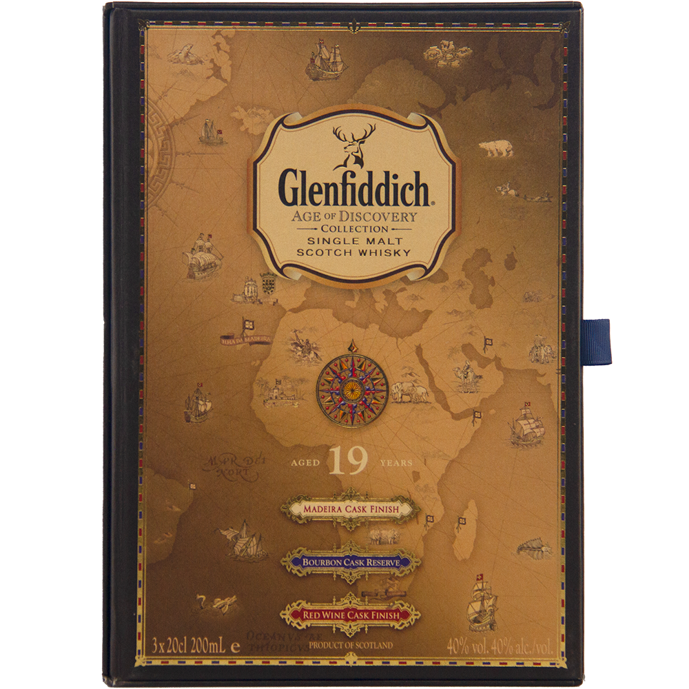 The Glenfiddich Age of Discovery Single Malt Scotch Whisky 3pcs 200ml gift pack features a world map, compass rose, and vintage ships, showcasing the collection’s three cask finishes: Madeira, Bourbon, and Red Wine.