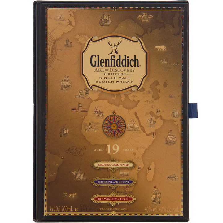 The Glenfiddich Age of Discovery Single Malt Scotch Whisky 3pcs 200ml gift pack features a world map, compass rose, and vintage ships, showcasing the collection’s three cask finishes: Madeira, Bourbon, and Red Wine.