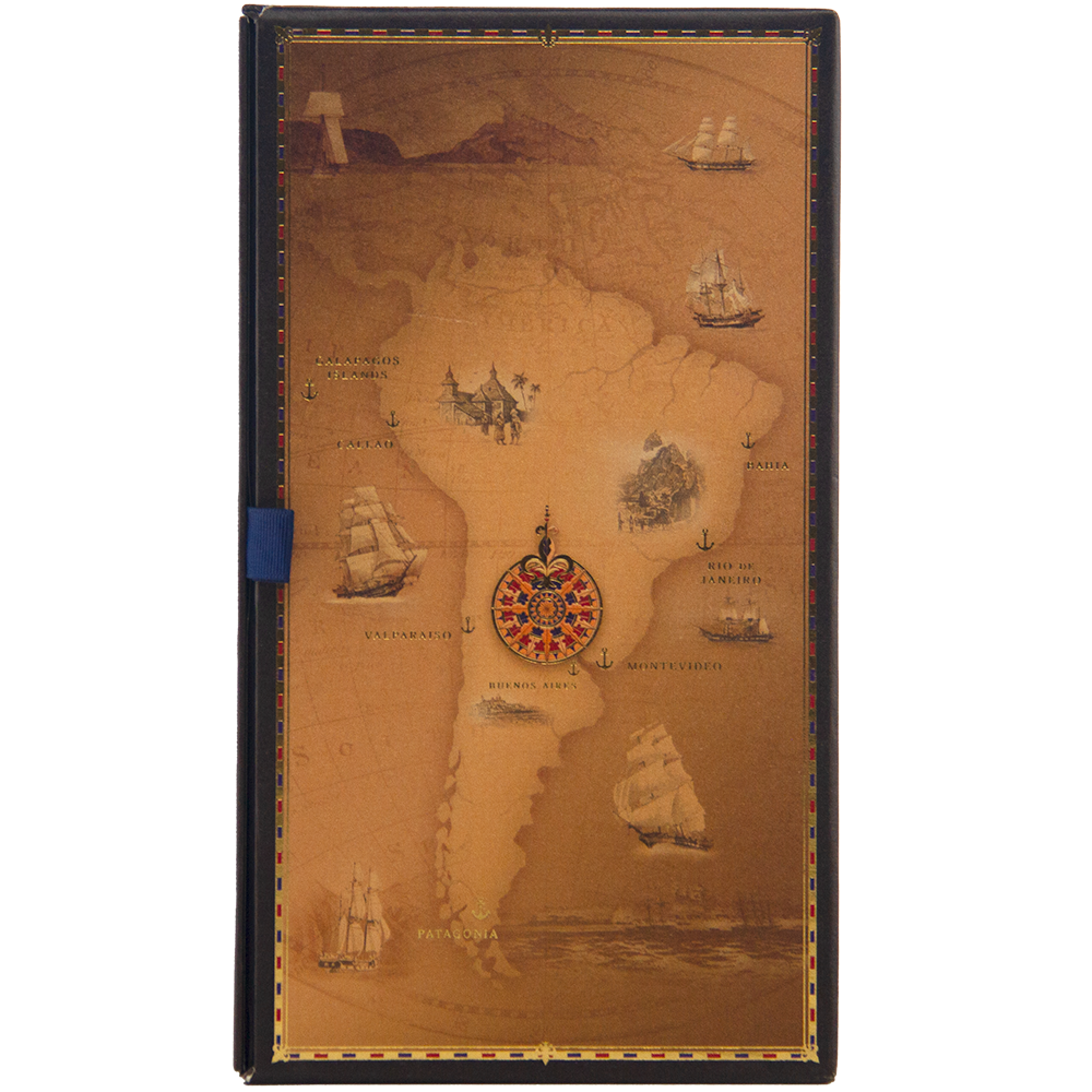 A sepia-toned vintage map of South America with classic ships and a compass rose evokes the adventurous spirit found in the Glenfiddich Age of Discovery Single Malt Scotch Whisky 3pcs 200ml gift pack.