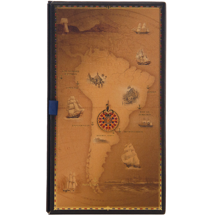 A sepia-toned vintage map of South America with classic ships and a compass rose evokes the adventurous spirit found in the Glenfiddich Age of Discovery Single Malt Scotch Whisky 3pcs 200ml gift pack.