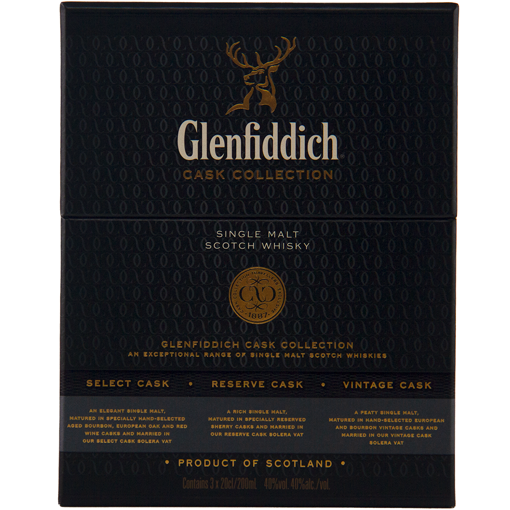 Black box packaging for Glenfiddich Cask Collection Single Malt Scotch Whisky 200ml, with gold text and stag logo. Showcases Select, Reserve, and Vintage Casks crafted via the Solera Vat process. Product of Scotland.