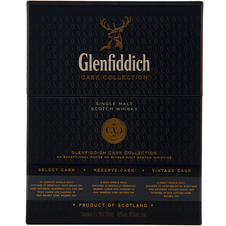 Black box packaging for Glenfiddich Cask Collection Single Malt Scotch Whisky 200ml, with gold text and stag logo. Showcases Select, Reserve, and Vintage Casks crafted via the Solera Vat process. Product of Scotland.