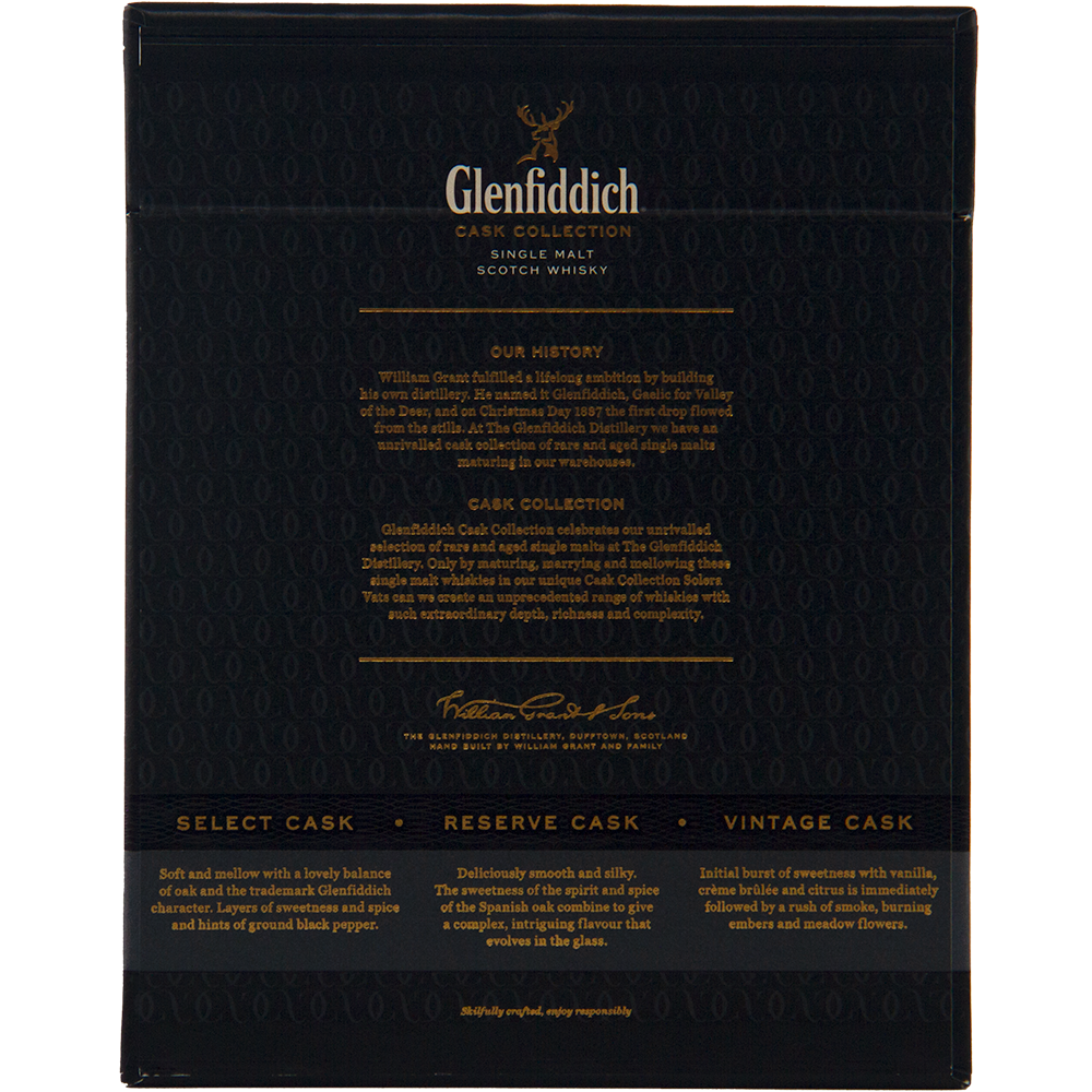 The back of a Glenfiddich Cask Collection Single Malt Scotch Whisky 200ml box features gold text outlining the brand's history, details on Select, Reserve, and Vintage Casks, plus insights into their unique Solera Vat process.