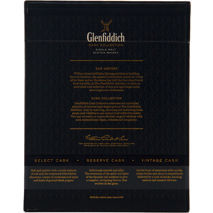 The back of a Glenfiddich Cask Collection Single Malt Scotch Whisky 200ml box features gold text outlining the brand's history, details on Select, Reserve, and Vintage Casks, plus insights into their unique Solera Vat process.