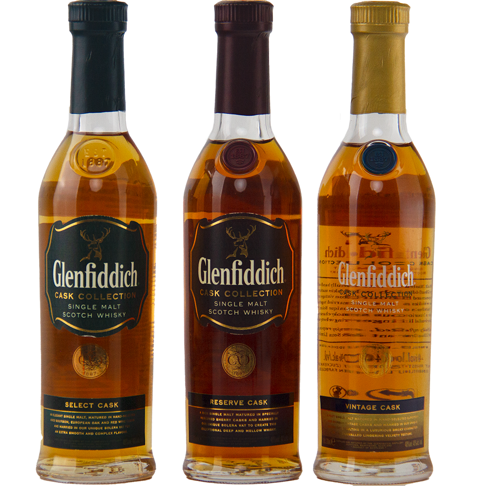 Three 200ml bottles of Glenfiddich Cask Collection Single Malt Scotch Whisky—Select, Reserve, and Vintage Cask—stand side by side, each with distinct colored labels and caps, crafted using the renowned Solera Vat process.