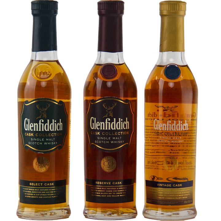 Three 200ml bottles of Glenfiddich Cask Collection Single Malt Scotch Whisky—Select, Reserve, and Vintage Cask—stand side by side, each with distinct colored labels and caps, crafted using the renowned Solera Vat process.