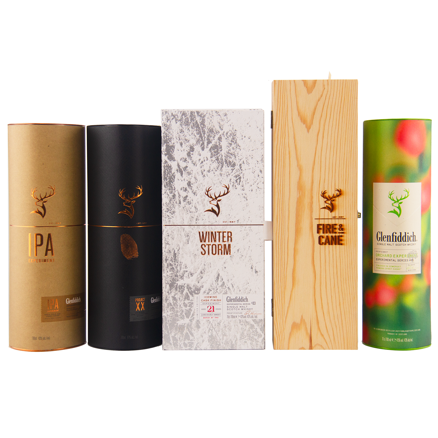 Five Glenfiddich Experiment Series 1-5 Single Malt Scotch Whisky boxes—IPA, Project XX, Winter Storm, Fire & Cane, and a green apple-themed design—stand side by side, each featuring the signature stag logo.