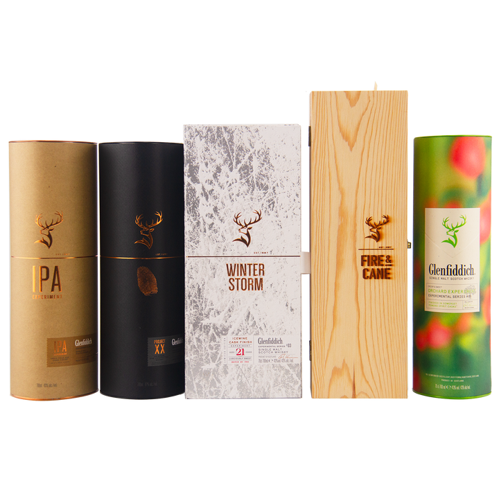 Five Glenfiddich Experiment Series 1-5 Single Malt Scotch Whisky boxes—IPA, Project XX, Winter Storm, Fire & Cane, and a green apple-themed design—stand side by side, each featuring the signature stag logo.