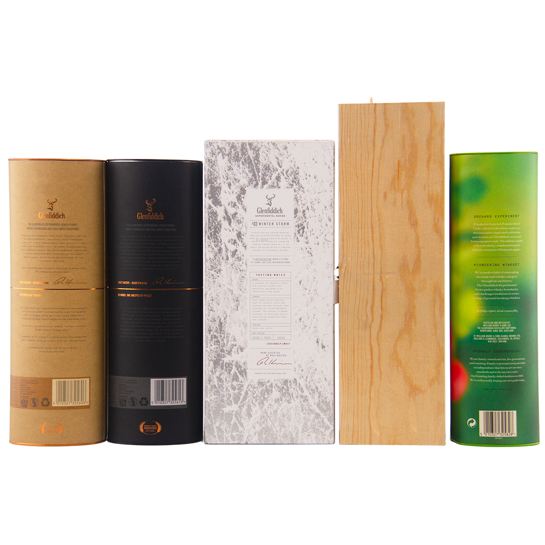 Five upright Glenfiddich Experiment Series 1-5 Single Malt Scotch Whisky packages—brown, black, marble-patterned white, natural wood, and green with fruit design—are displayed from the back on a white background.