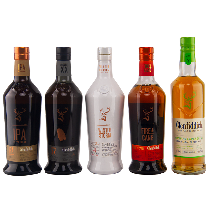 Five Glenfiddich Experiment Series 1-5 Single Malt Scotch Whisky bottles are displayed in a row on a plain white background.