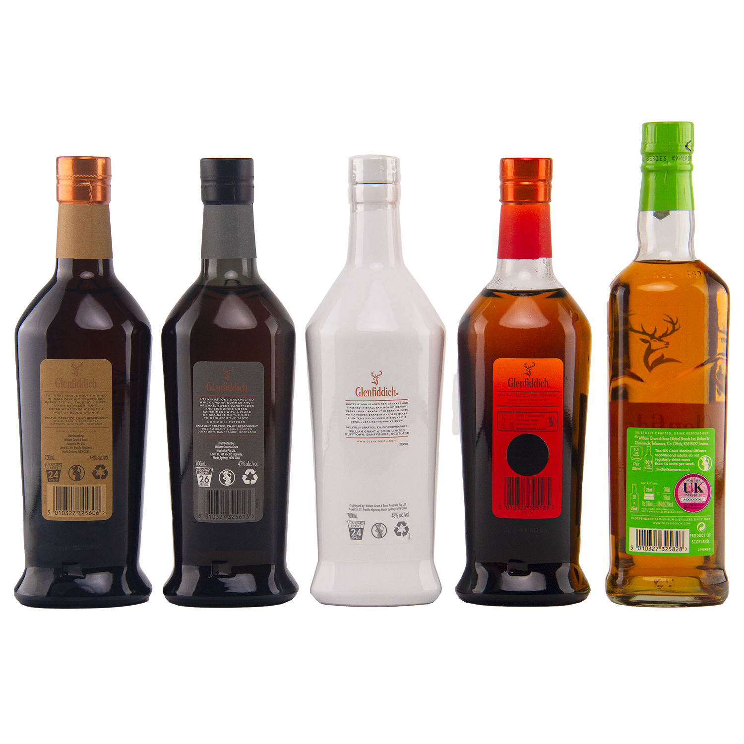 Five Glenfiddich Experiment Series 1-5 Single Malt Scotch Whisky bottles are shown upright in a row from the back, each with a unique label and cap color, set against a plain white background.