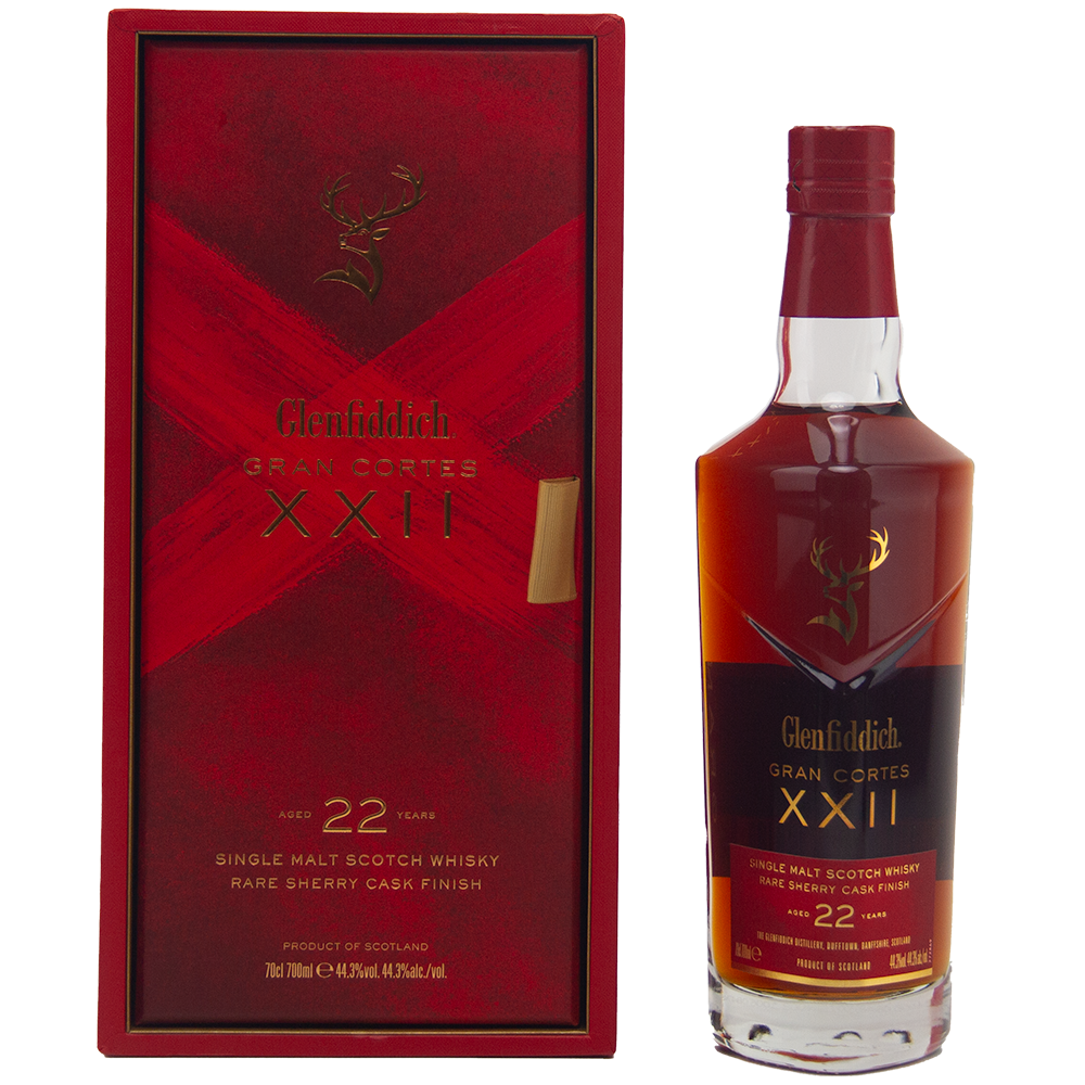 A bottle of Glenfiddich Gran Cortes XXII Single Malt Scotch Whisky with a red and gold box, featuring an elegant label and a unique finish in rare Palo Cortado casks.