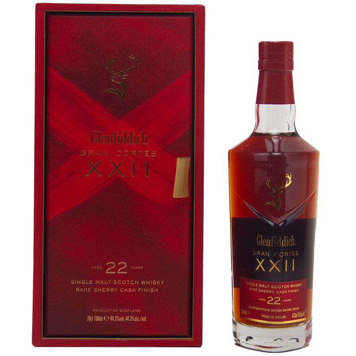 A bottle of Glenfiddich Gran Cortes XXII Single Malt Scotch Whisky with a red and gold box, featuring an elegant label and a unique finish in rare Palo Cortado casks.