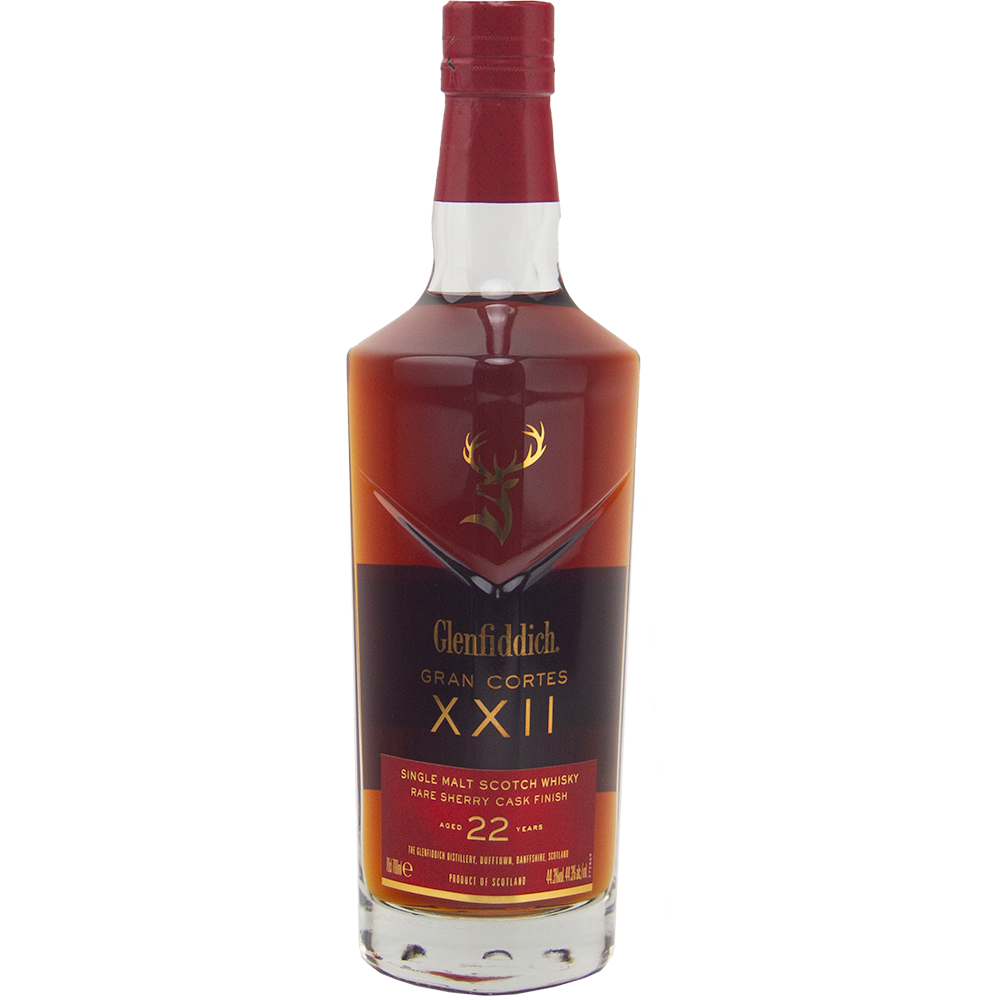 A bottle of Glenfiddich Gran Cortes XXII Single Malt Scotch Whisky, a 22 Year Old expression finished in rare Palo Cortado sherry casks, featuring a gold stag logo and a red label with gold lettering.