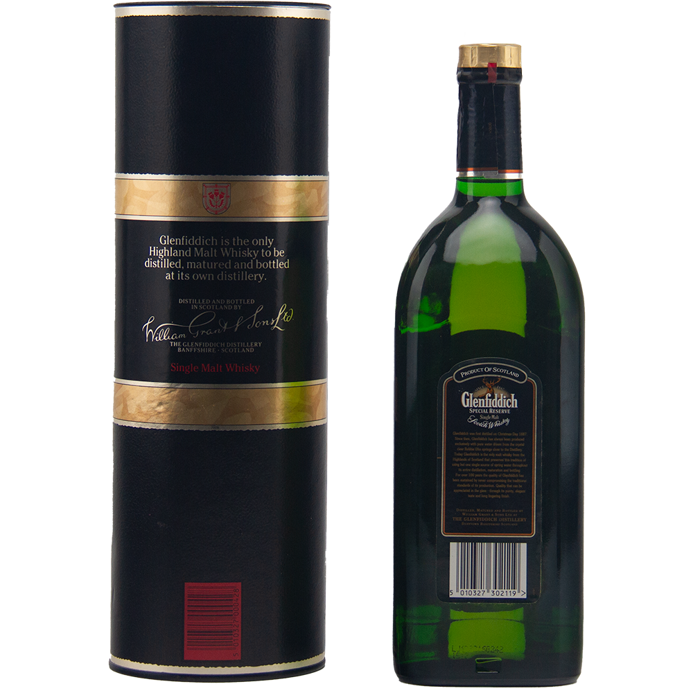 The Glenfiddich Pure Malt Whisky Single Malt Scotch Whisky 1125ml is a vintage collectible, pictured with its black and gold cylindrical packaging, both featuring brand labels against a plain white background.