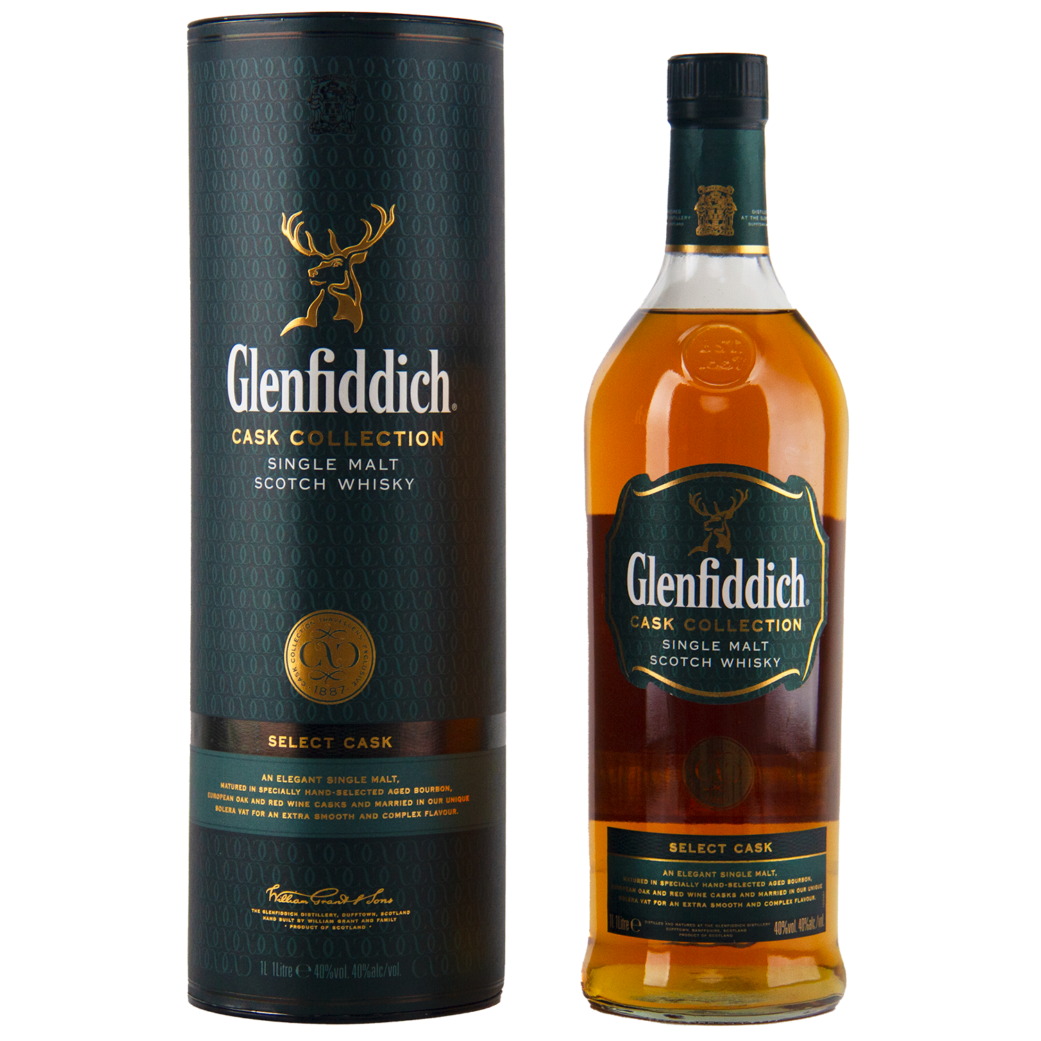 A bottle of Glenfiddich Cask Collection Select Cask Single Malt Scotch Whisky stands beside its tall green-and-gold cylindrical packaging, both adorned with a stag logo and refined branding in this travel-retail exclusive.