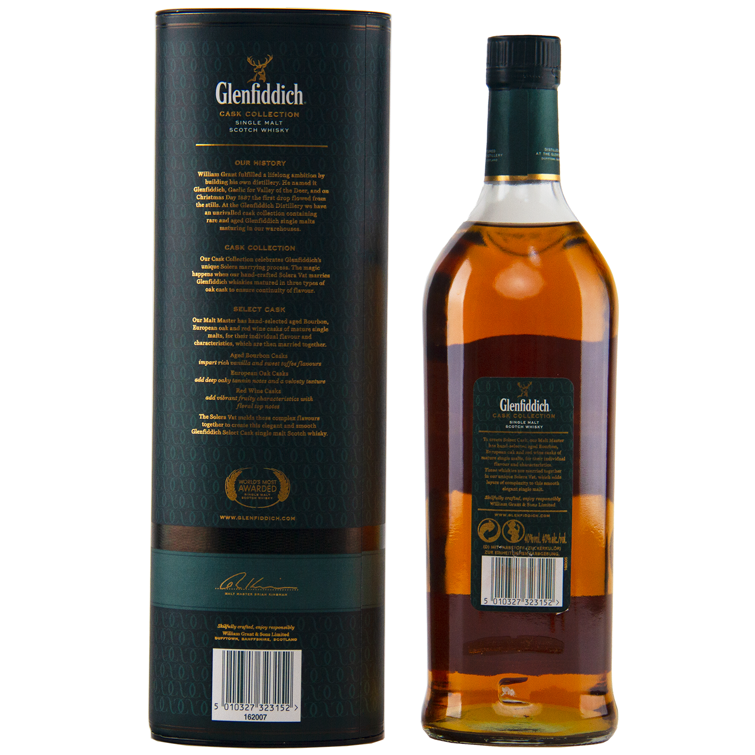 A bottle of Glenfiddich Cask Collection Select Cask Single Malt Scotch Whisky stands beside its dark green cylindrical case, both featuring gold and white details—a true travel-retail exclusive.