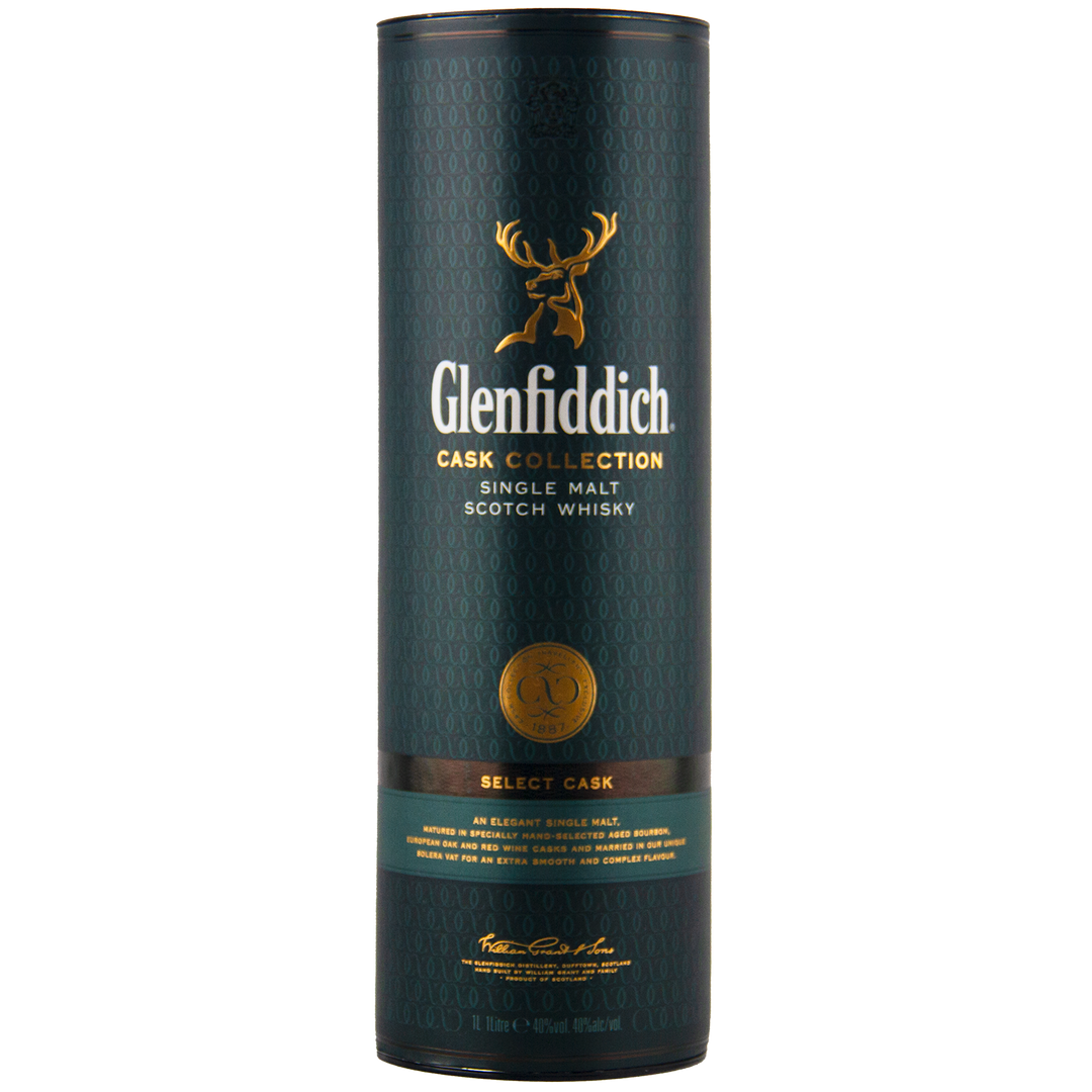 A cylindrical dark green container of Glenfiddich Cask Collection Select Cask Single Malt Scotch Whisky with a gold stag logo, featuring travel-retail exclusive details on the front.