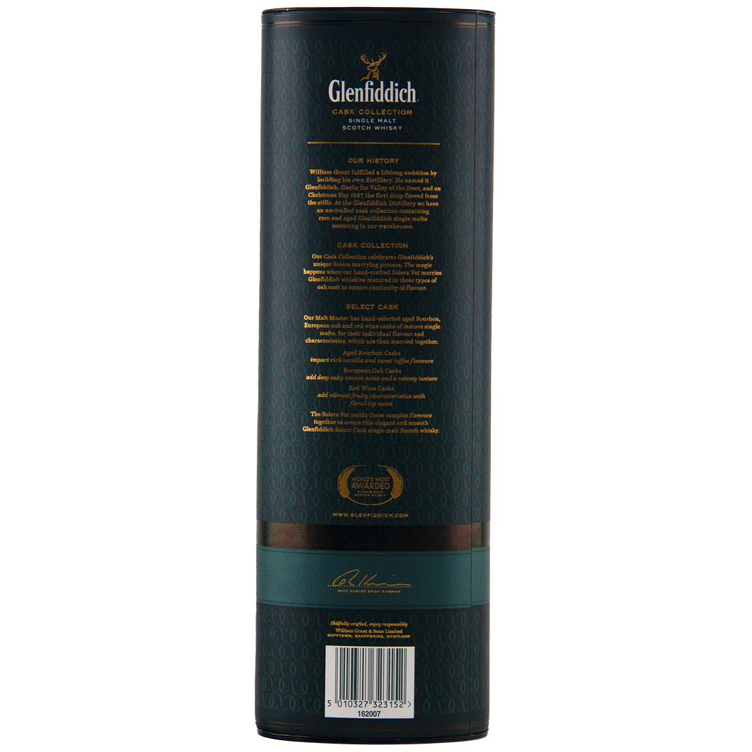 Dark green cylindrical packaging for Glenfiddich Cask Collection Select Cask Single Malt Scotch Whisky, featuring gold text with product info, awards, company history, the Glenfiddich logo at the top, and a signature near the bottom.