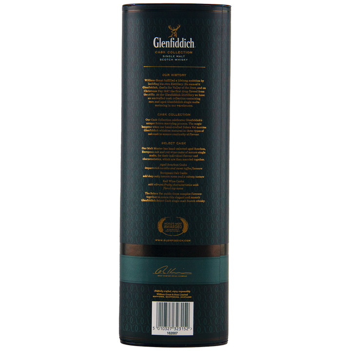 Dark green cylindrical packaging for Glenfiddich Cask Collection Select Cask Single Malt Scotch Whisky, featuring gold text with product info, awards, company history, the Glenfiddich logo at the top, and a signature near the bottom.