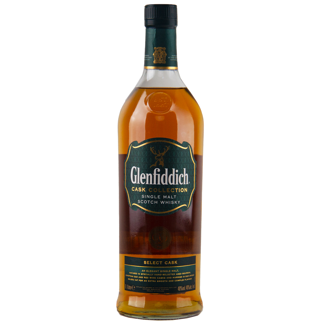 A travel-retail exclusive, Glenfiddich Cask Collection Select Cask Single Malt Scotch Whisky features a green and gold label, black cap, and displays its amber liquid in the bottle.