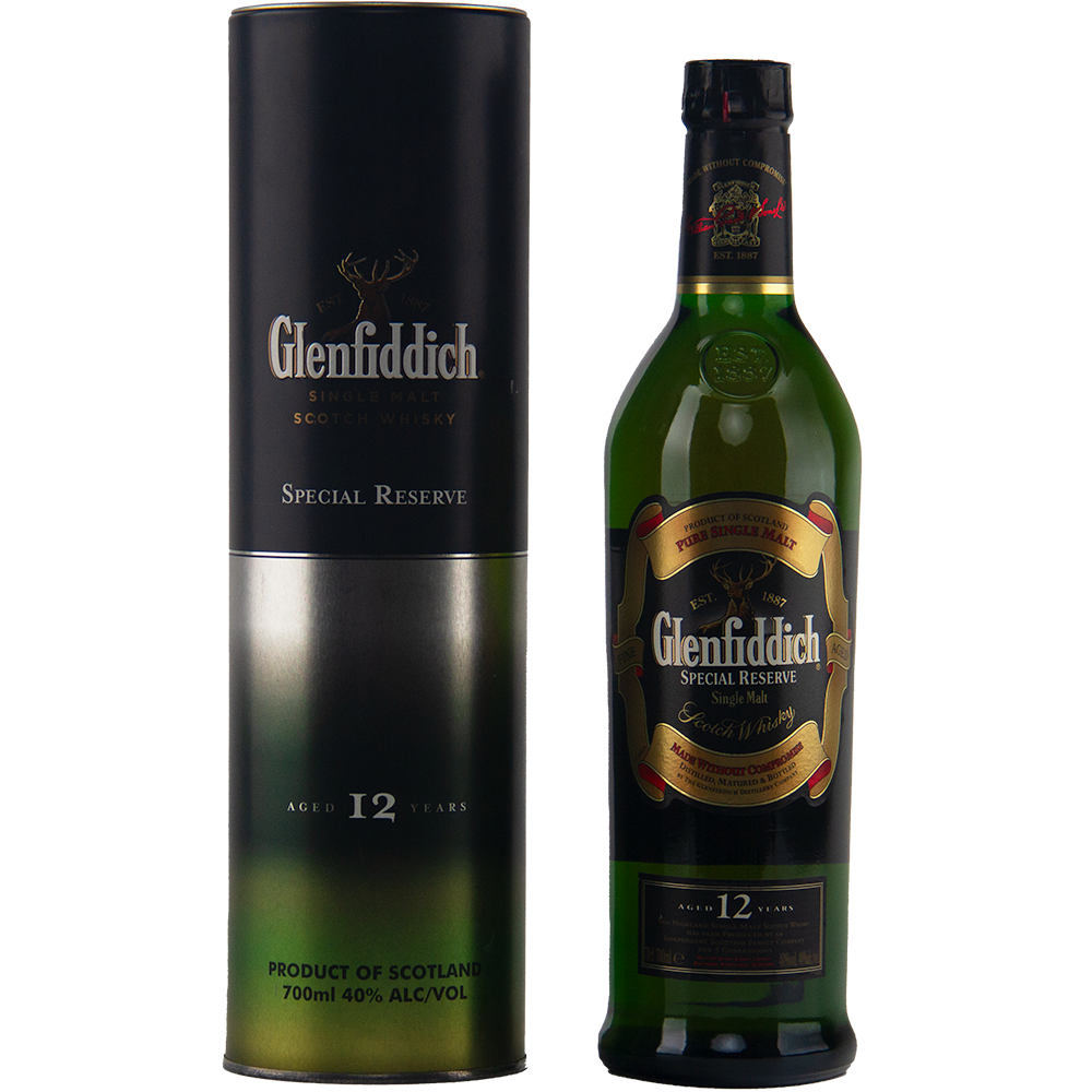 A bottle of Glenfiddich 12 Year Old Special Reserve Single Malt Scotch Whisky stands beside its matching green and black cylindrical packaging, both featuring the brand's logo and details, reflecting Glenfiddich’s classic appeal.
