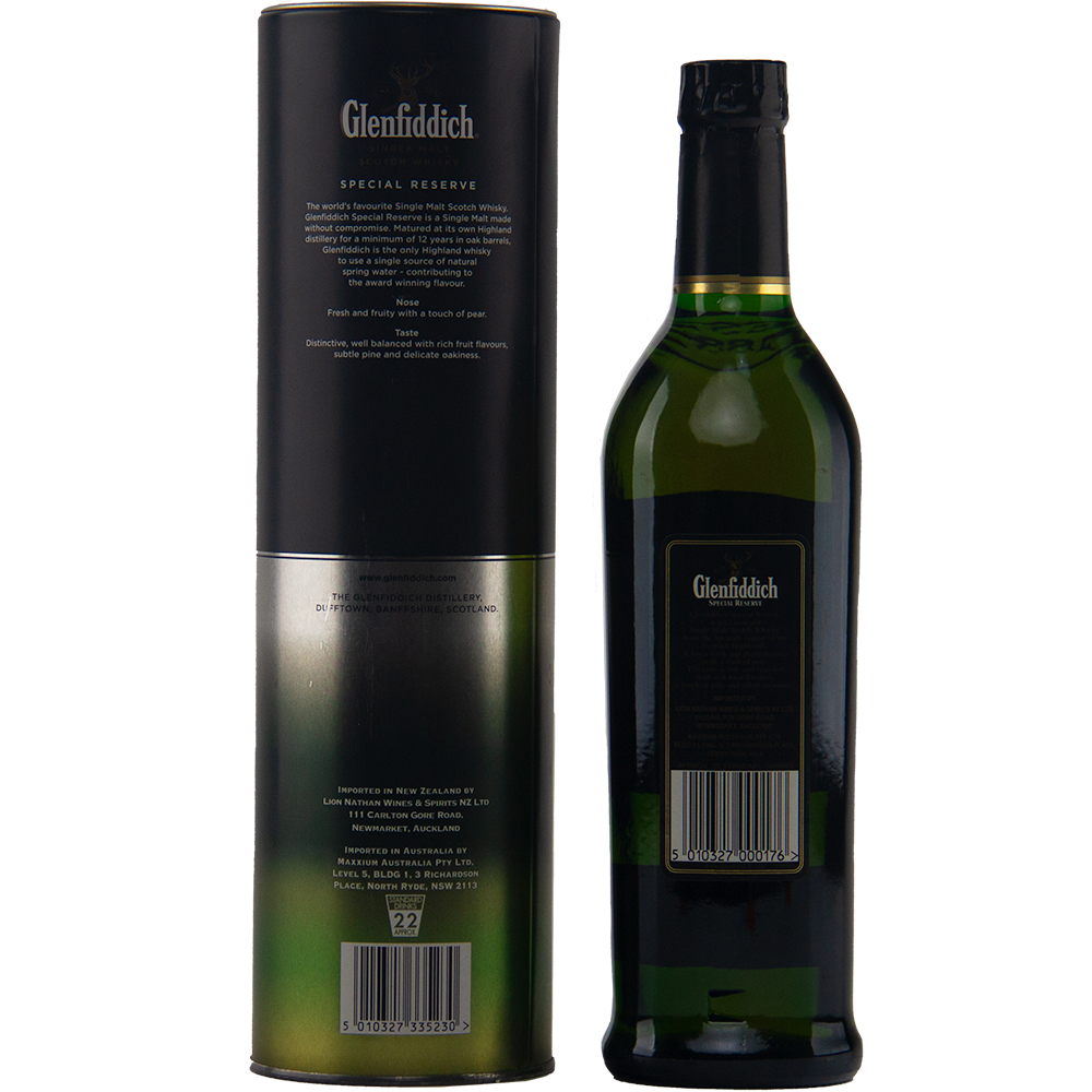 A Glenfiddich 12 Year Old Special Reserve Single Malt Scotch Whisky bottle stands beside its black and green packaging tube, both featuring labels with text, barcodes, gold accents, and the Glenfiddich logo at the top.
