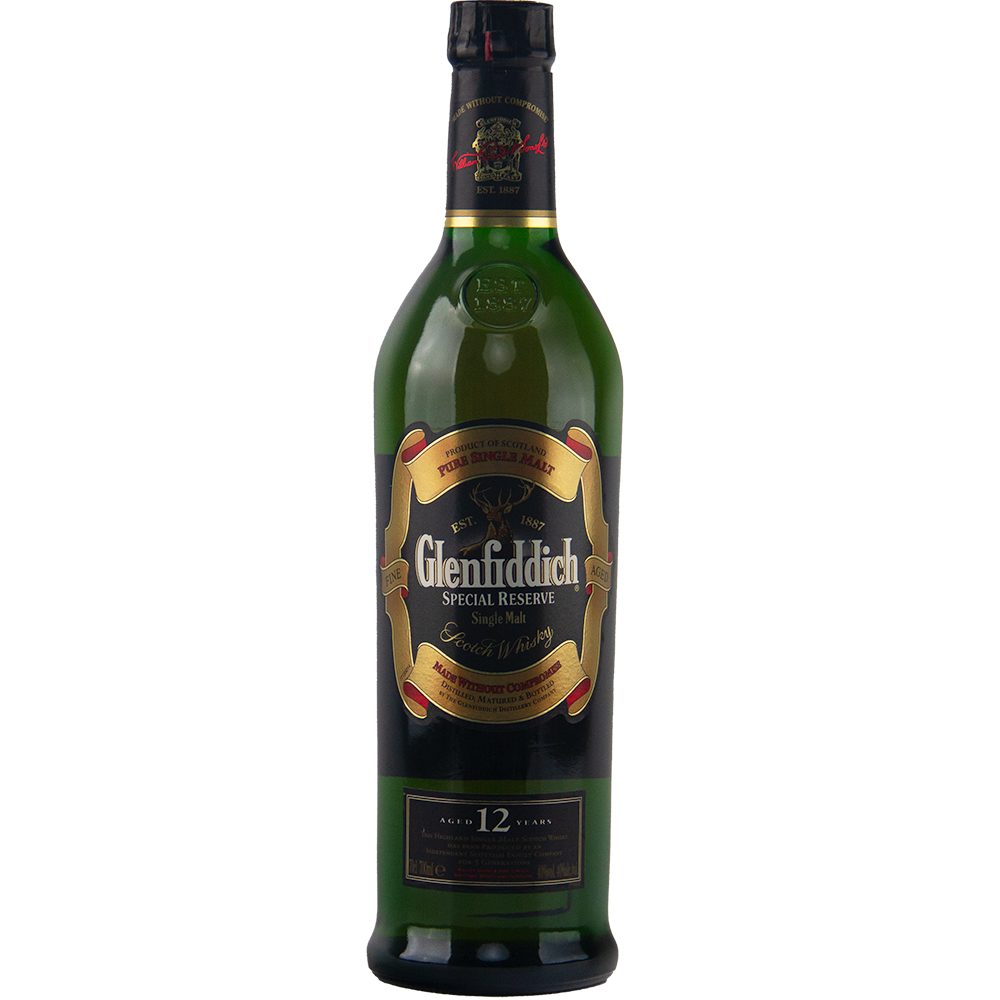 A green bottle of Glenfiddich 12 Year Old Special Reserve Single Malt Scotch Whisky, featuring a black and gold label and red cap seal, stands against a plain white background.
