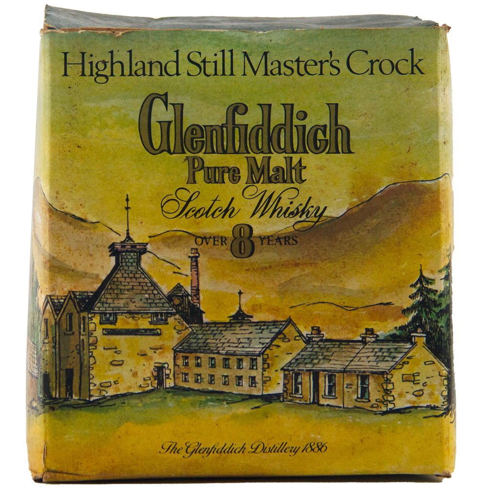 A vintage Glenfiddich 8 Year Old Still Master’s Crock Decanter 1970 Single Malt Scotch Whisky features a distillery scene—ideal for collectors of rare Scotch whisky and unique single malt decanters.