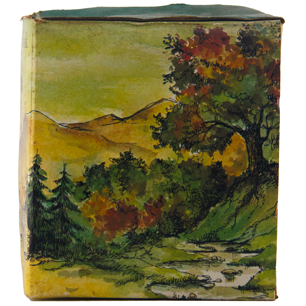 The Glenfiddich 8 Year Old Still Master’s Crock Decanter 1970 Single Malt Scotch Whisky comes in a collectible box featuring a painted landscape with a stream, trees in autumn and green leaves, rolling hills, and a yellow-green sky.