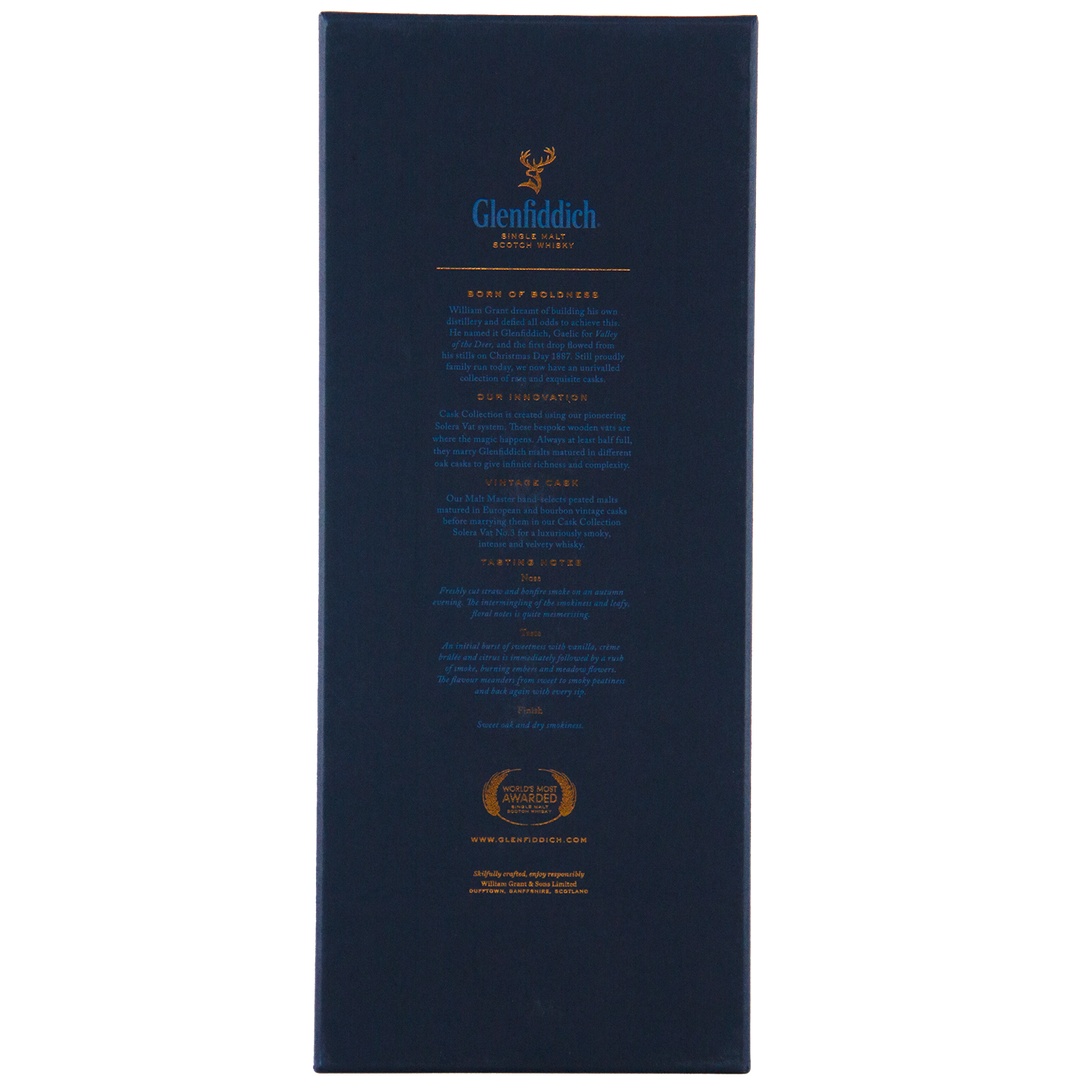 The back of the Glenfiddich Vintage Cask Single Malt Scotch Whisky box features dark blue and gold text, the Glenfiddich logo at the top, plus awards and travel retail exclusive website information below.