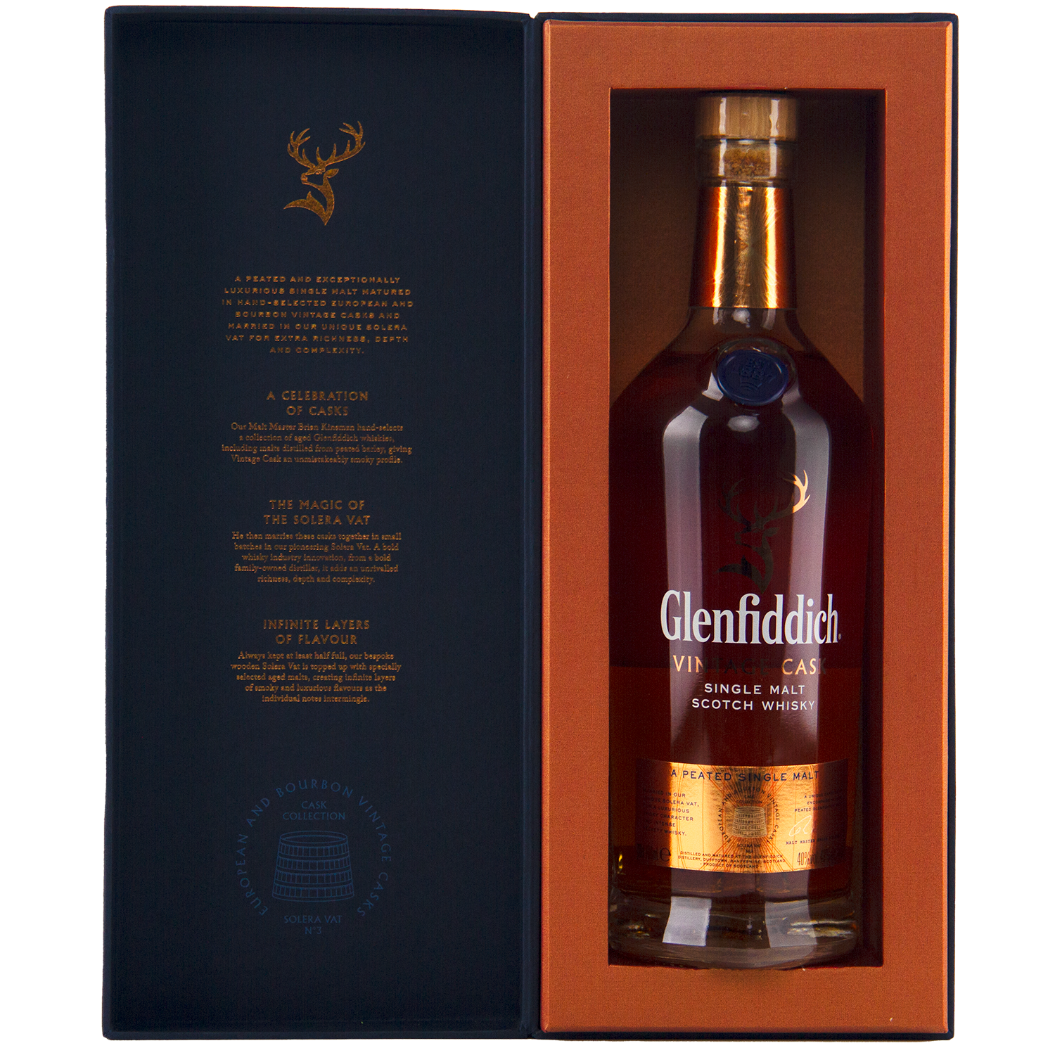 A bottle of Glenfiddich Vintage Cask Single Malt Scotch Whisky in a gift box with gold and orange accents, featuring a gold label, stag logo, and text highlighting its unique cask heritage.