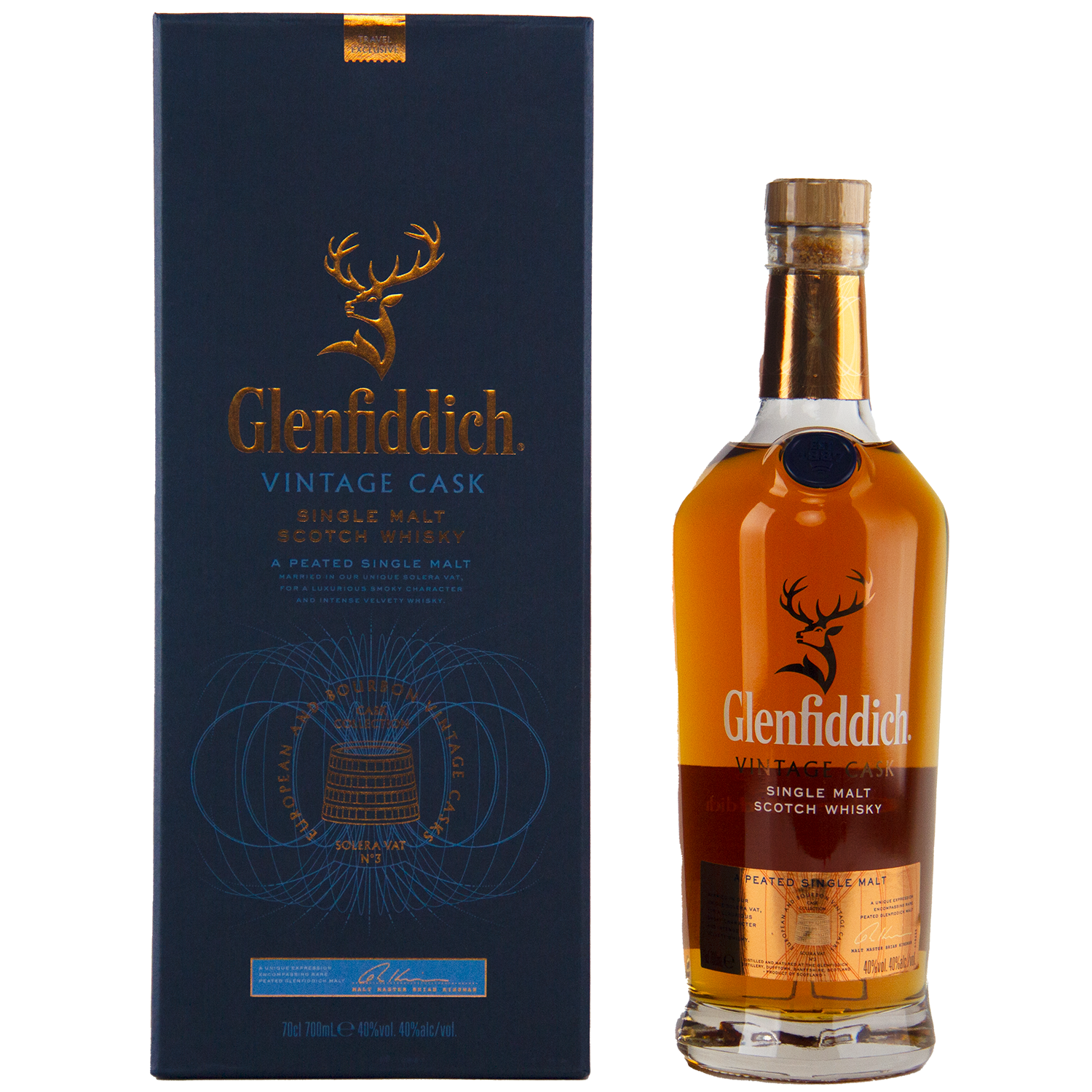 A bottle of Glenfiddich Vintage Cask Single Malt Scotch Whisky stands beside its blue and gold box adorned with a gold stag logo—this travel retail exclusive is an ideal choice for collectors.