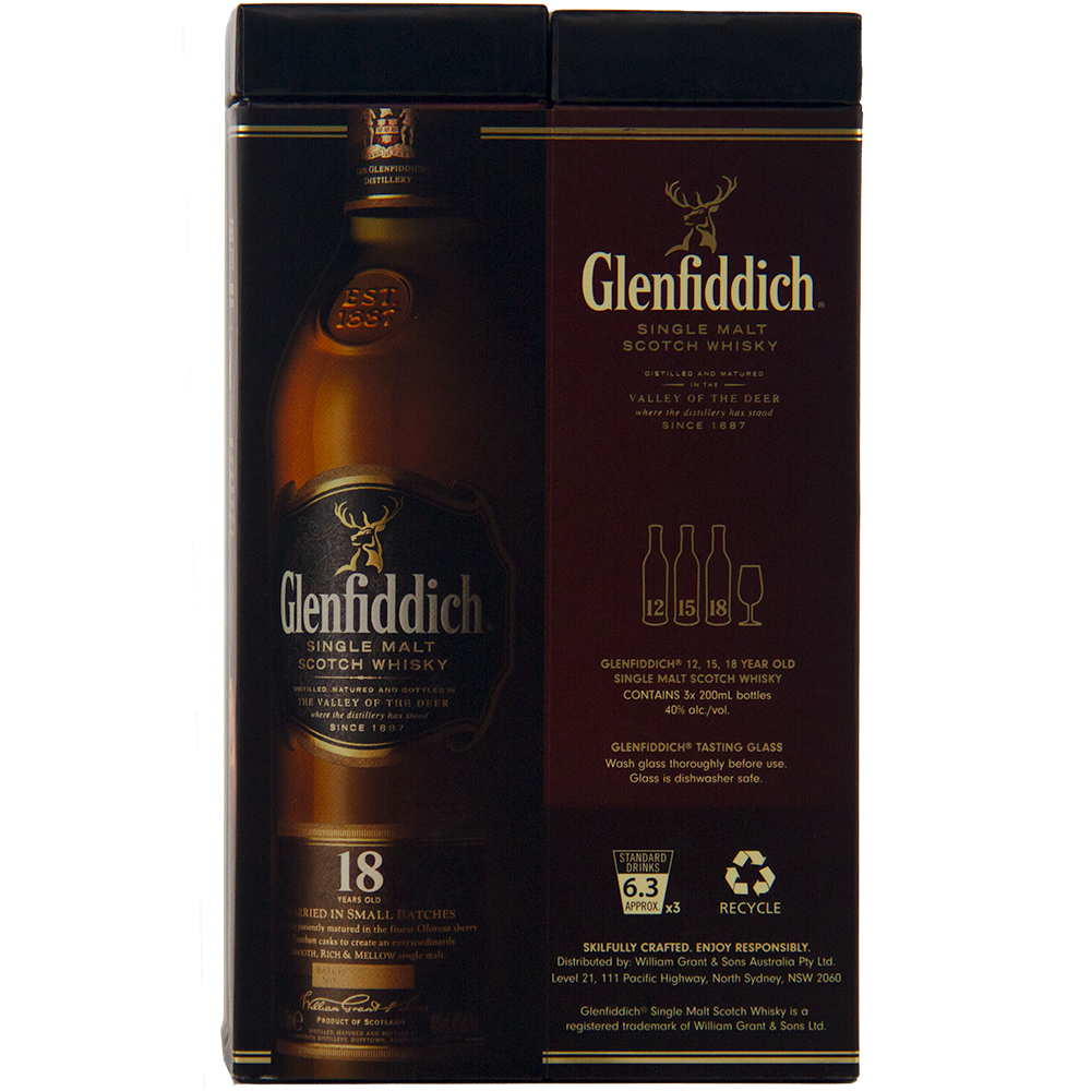 A dark box of Glenfiddich Explorers Collection Single Malt Scotch Whisky 200ml, with gold and white text, a stag logo, and whisky details on the front.