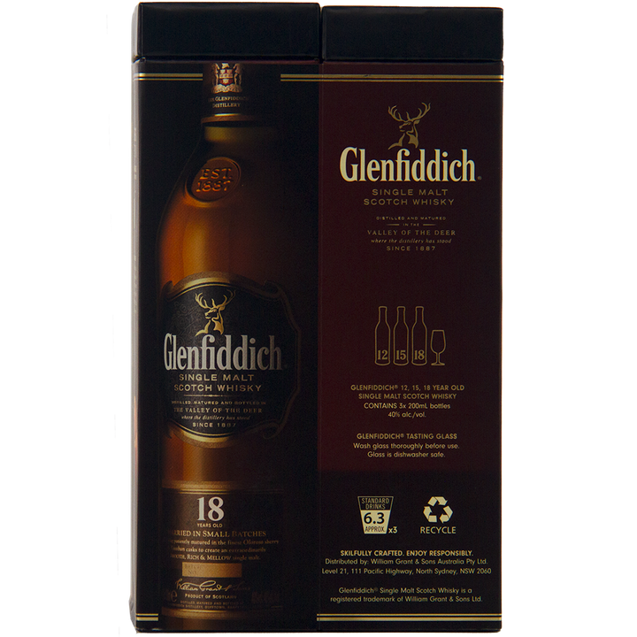 A dark box of Glenfiddich Explorers Collection Single Malt Scotch Whisky 200ml, with gold and white text, a stag logo, and whisky details on the front.