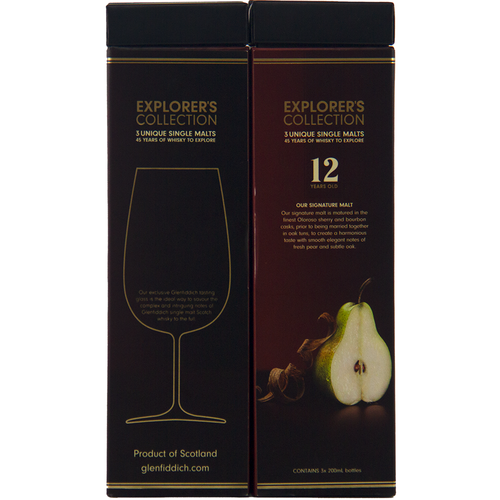 Two black boxes of Glenfiddich Explorers Collection Single Malt Scotch Whisky 200ml stand side by side; the left box displays a wine glass outline with text, while the right features a pear image, text, and highlights “12 years old.”.