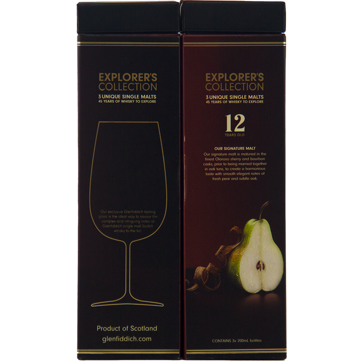 Two black boxes of Glenfiddich Explorers Collection Single Malt Scotch Whisky 200ml stand side by side; the left box displays a wine glass outline with text, while the right features a pear image, text, and highlights “12 years old.”.