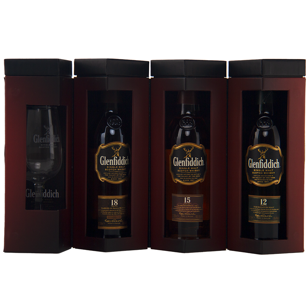 Experience the Glenfiddich Explorers Collection Single Malt Scotch Whisky 200ml gift set, featuring three Speyside single malts aged 18, 15, and 12 years, plus a whisky glass—all in striking dark red and black packaging.