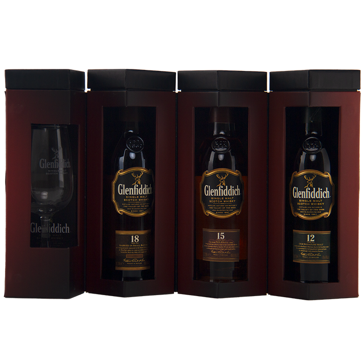Experience the Glenfiddich Explorers Collection Single Malt Scotch Whisky 200ml gift set, featuring three Speyside single malts aged 18, 15, and 12 years, plus a whisky glass—all in striking dark red and black packaging.