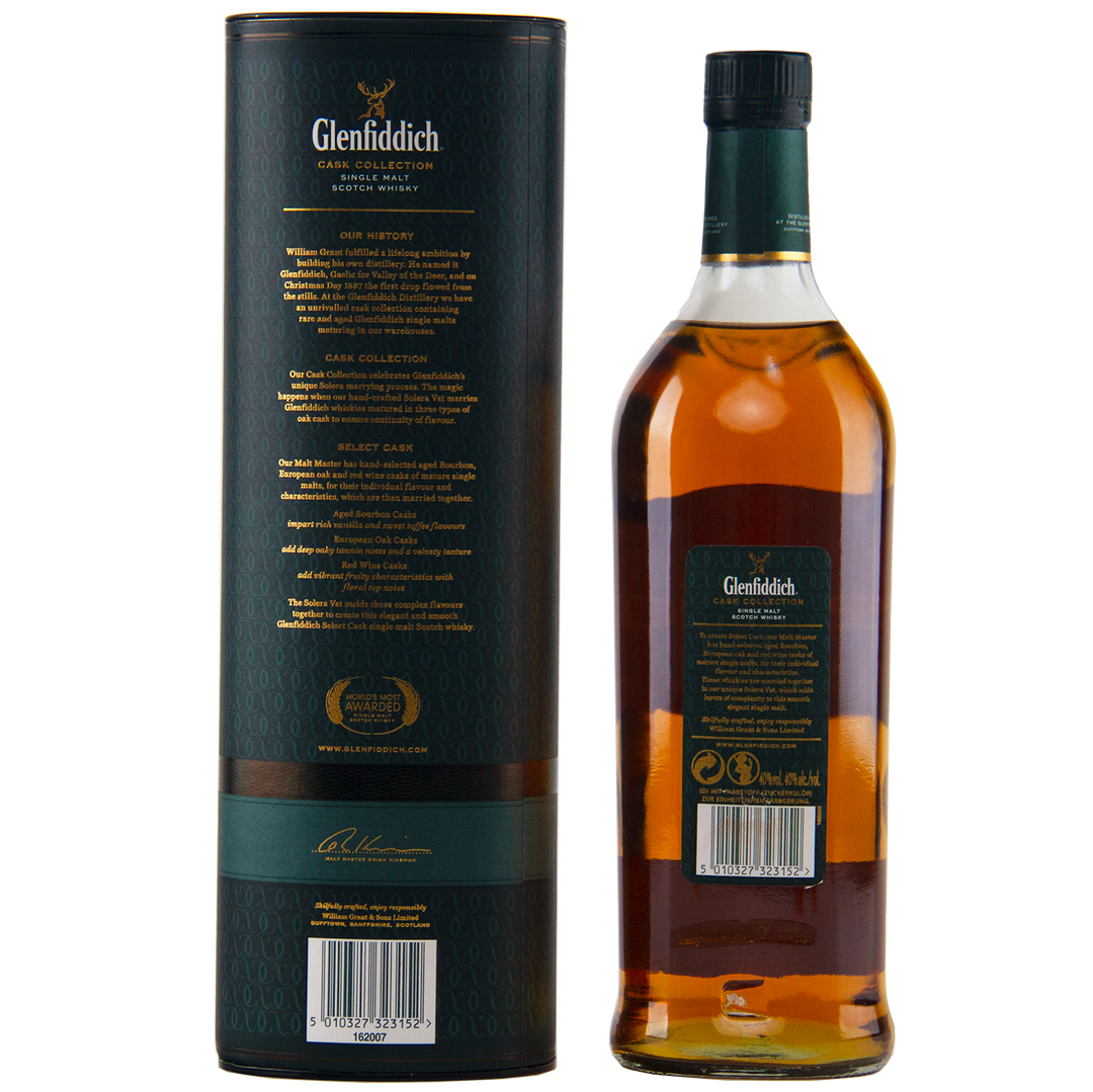 A bottle of Glenfiddich Select Cask Single Malt Scotch Whisky is displayed beside its dark green cylindrical packaging, both featuring detailed product information in gold and white text.