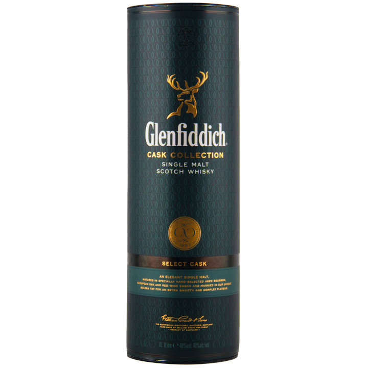 A dark green cylindrical container of Glenfiddich Select Cask Single Malt Scotch Whisky, featuring a gold stag logo and text, with accents of gold and brown near the base.
