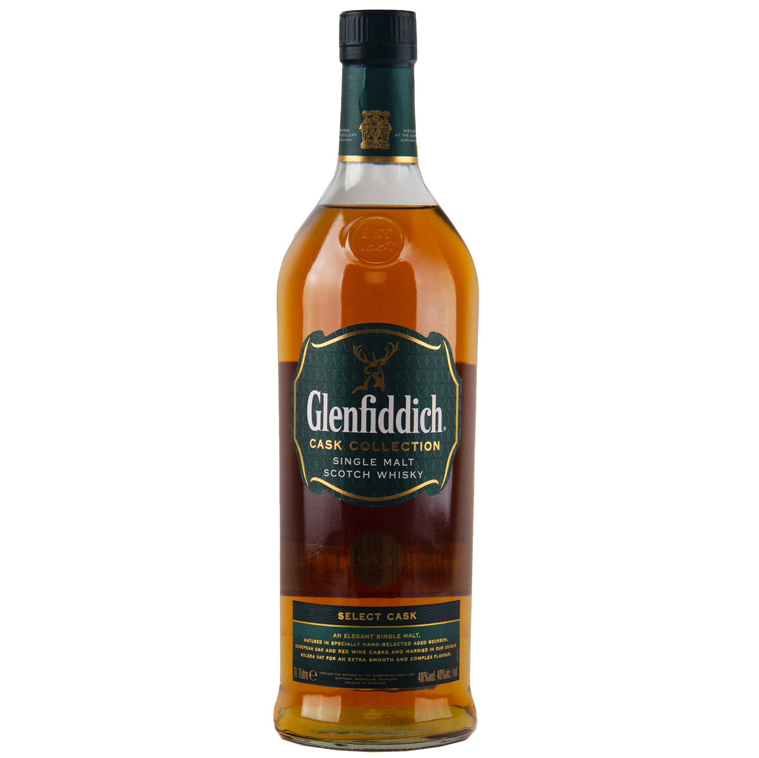 A bottle of Glenfiddich Select Cask Single Malt Scotch Whisky with a dark green and gold label, set against a plain white background.
